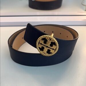 Tory Burch Dark Blue Belt with Gold Logo
